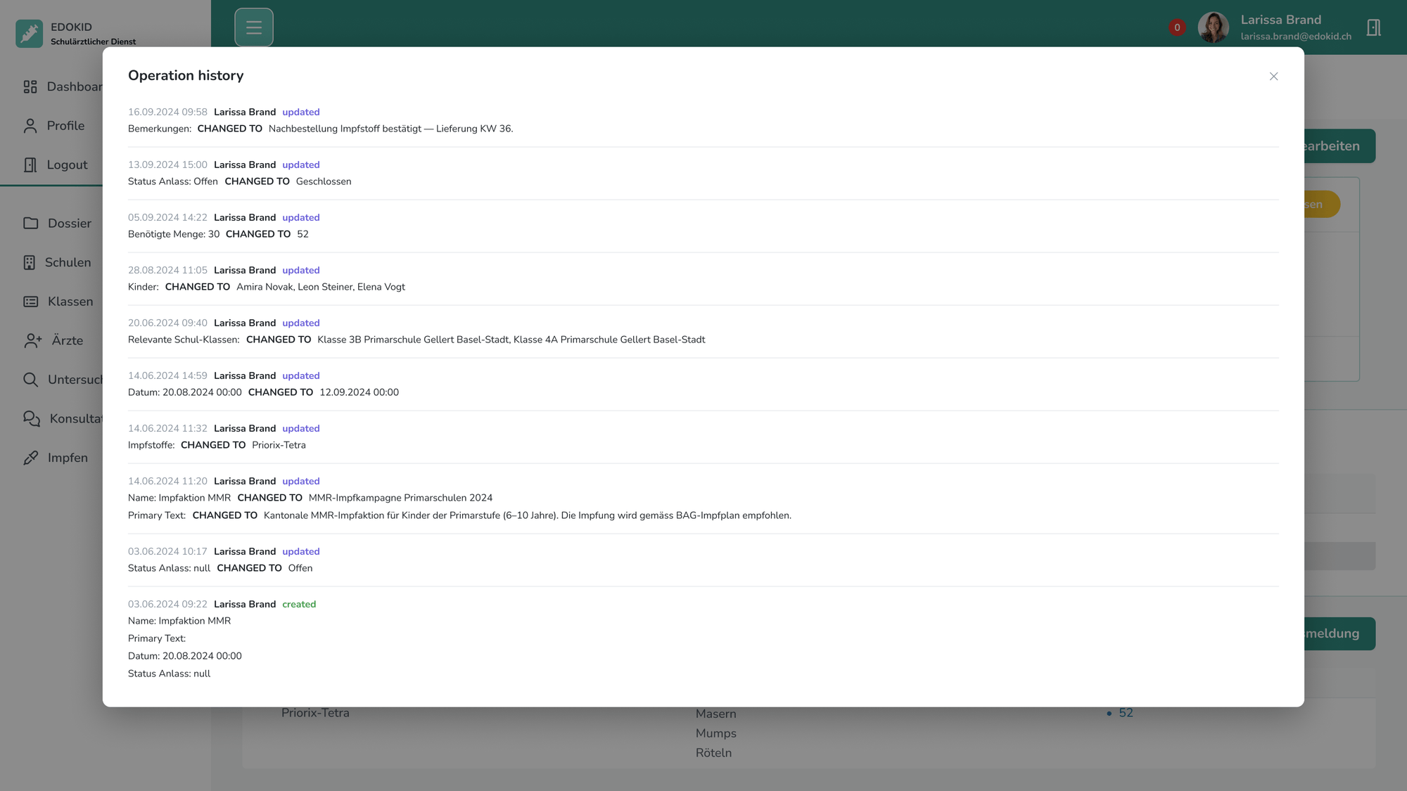 EDOKID operation history audit log with timestamps and the user behind each change