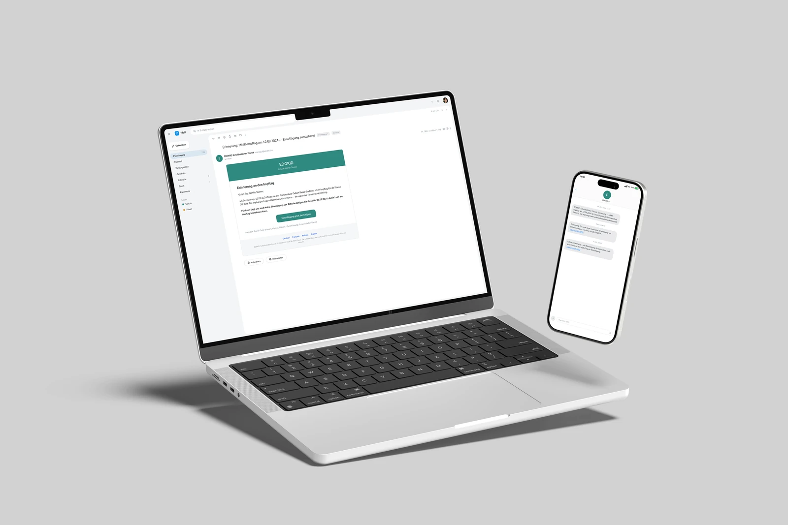 EDOKID vaccination-day reminder email on a laptop next to SMS reminders on a phone