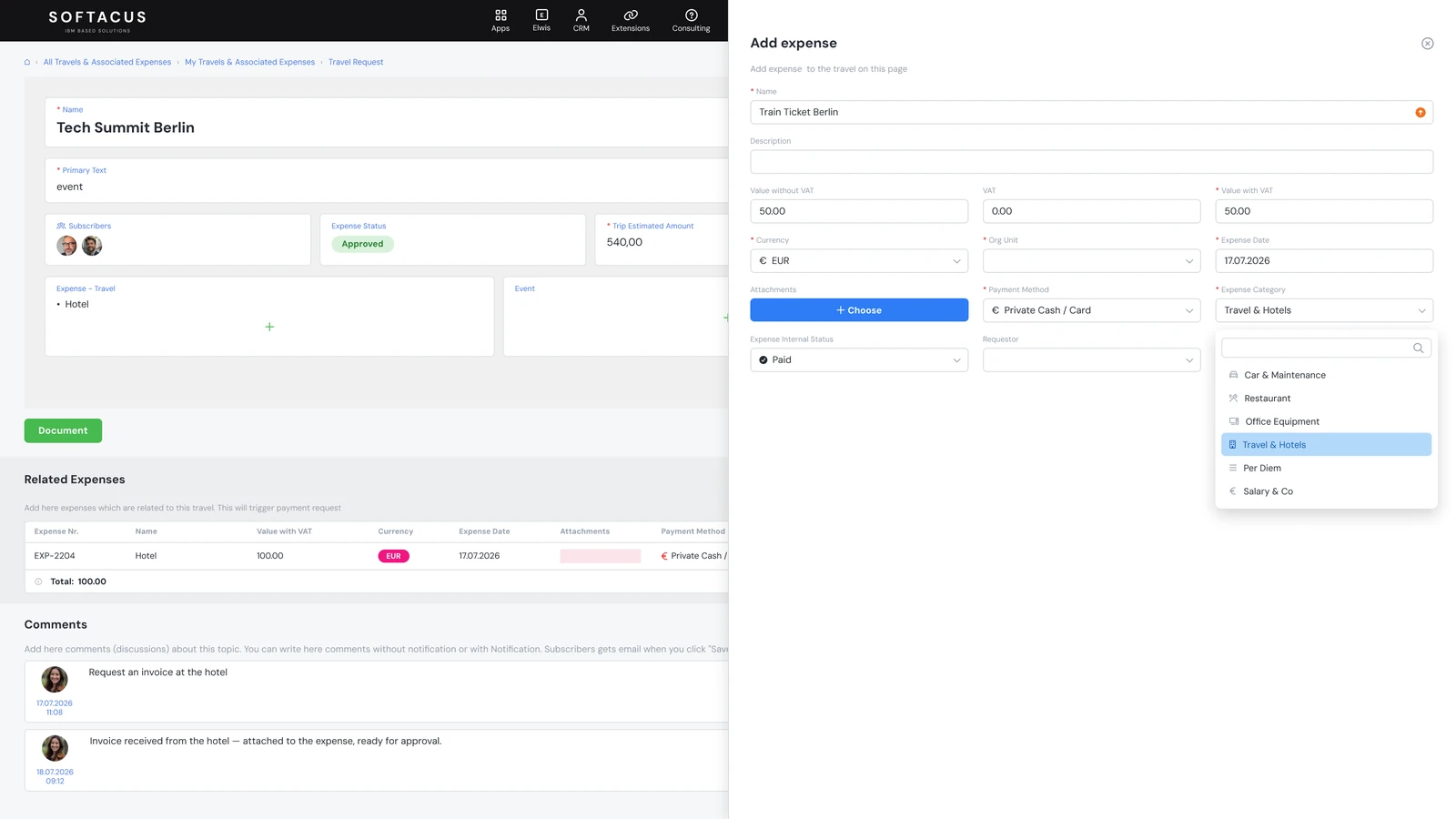 Softacus travel request with related expenses beside an add-expense form
