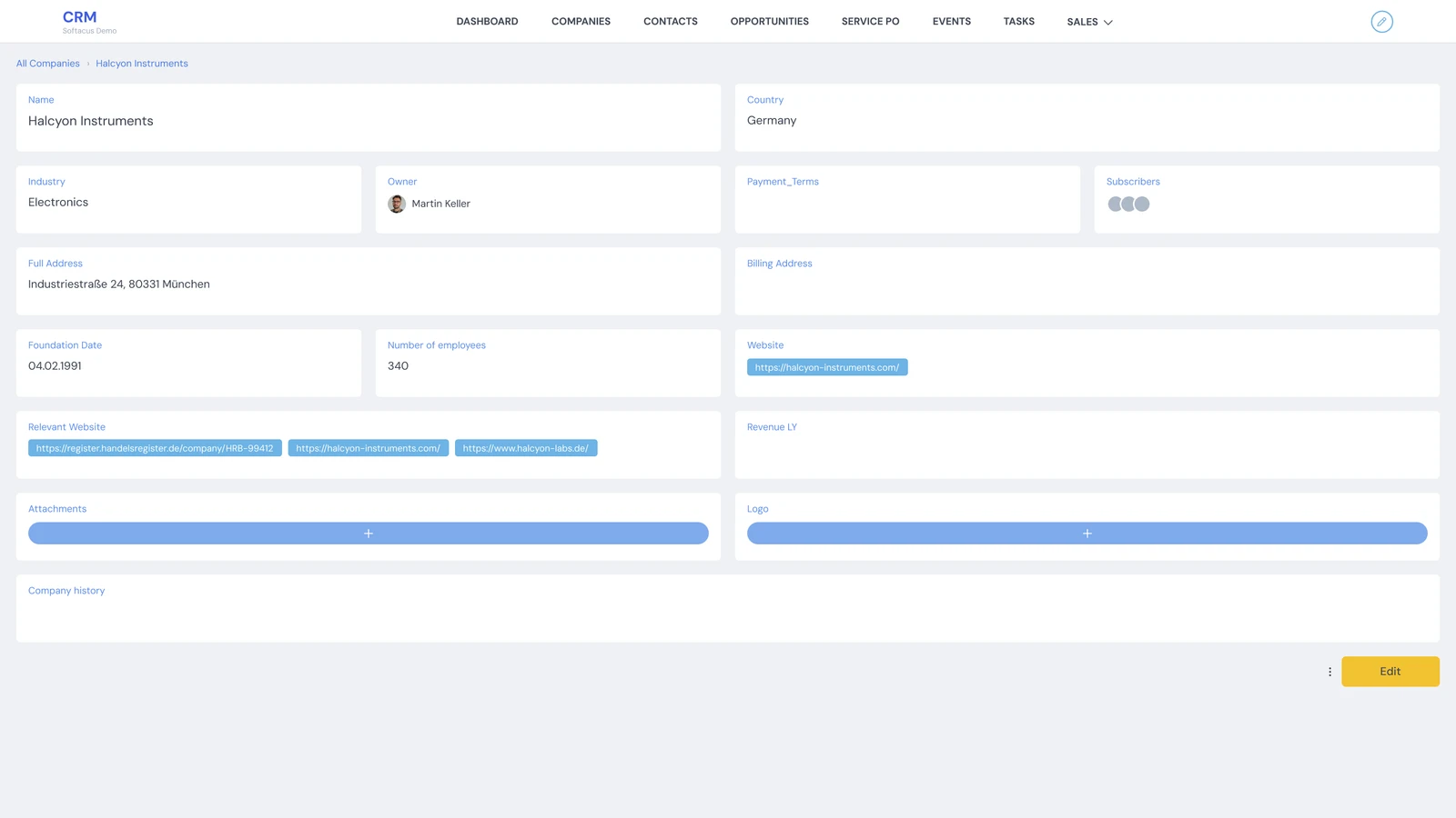 Softacus CRM company record for Halcyon Instruments with address, contacts and related documents