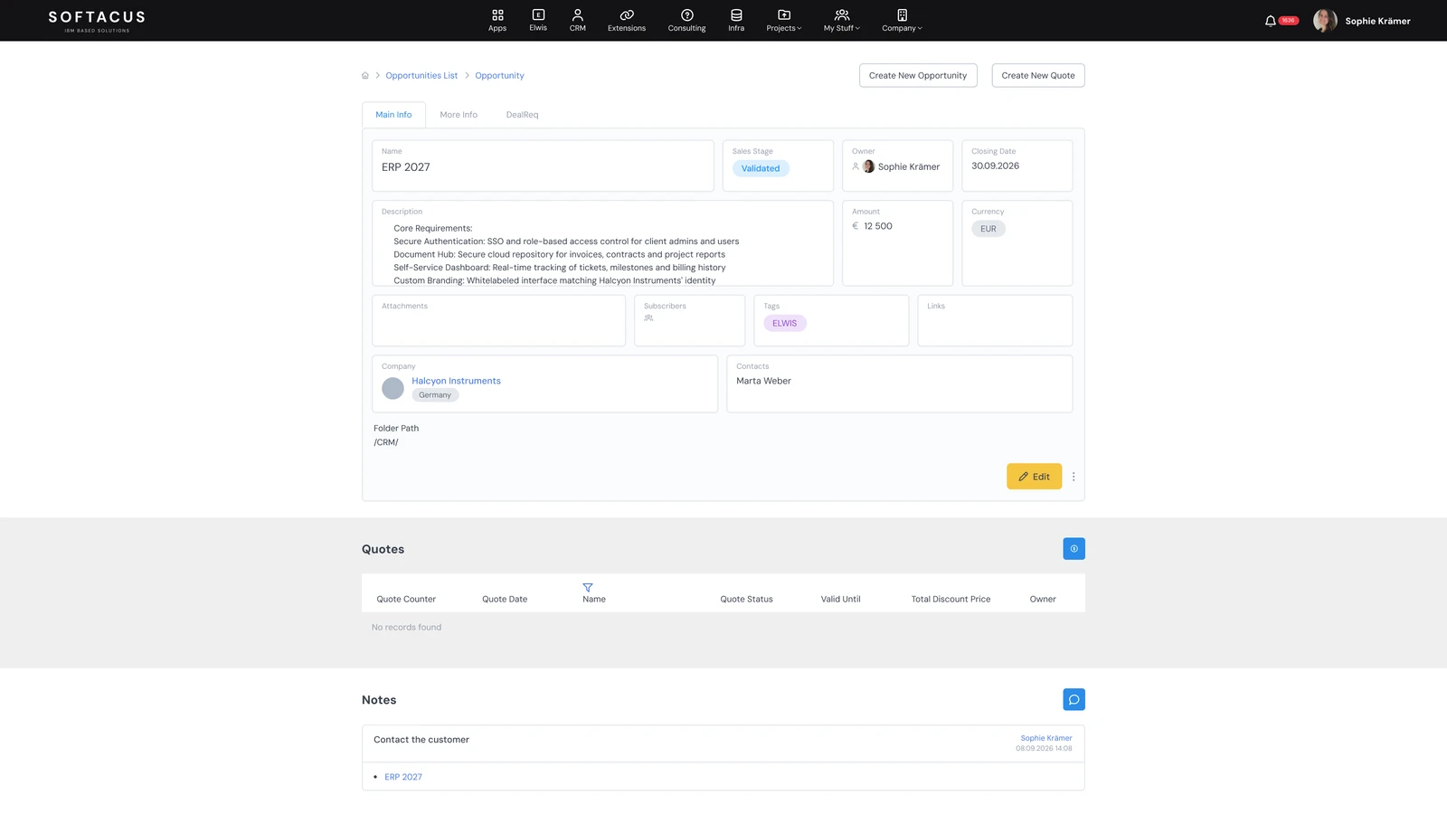 Softacus opportunity record showing sales stage, amount, linked company, contact and quotes