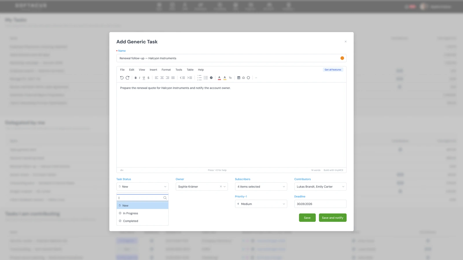Softacus add-task form with name, description, owner, subscribers, priority and deadline fields