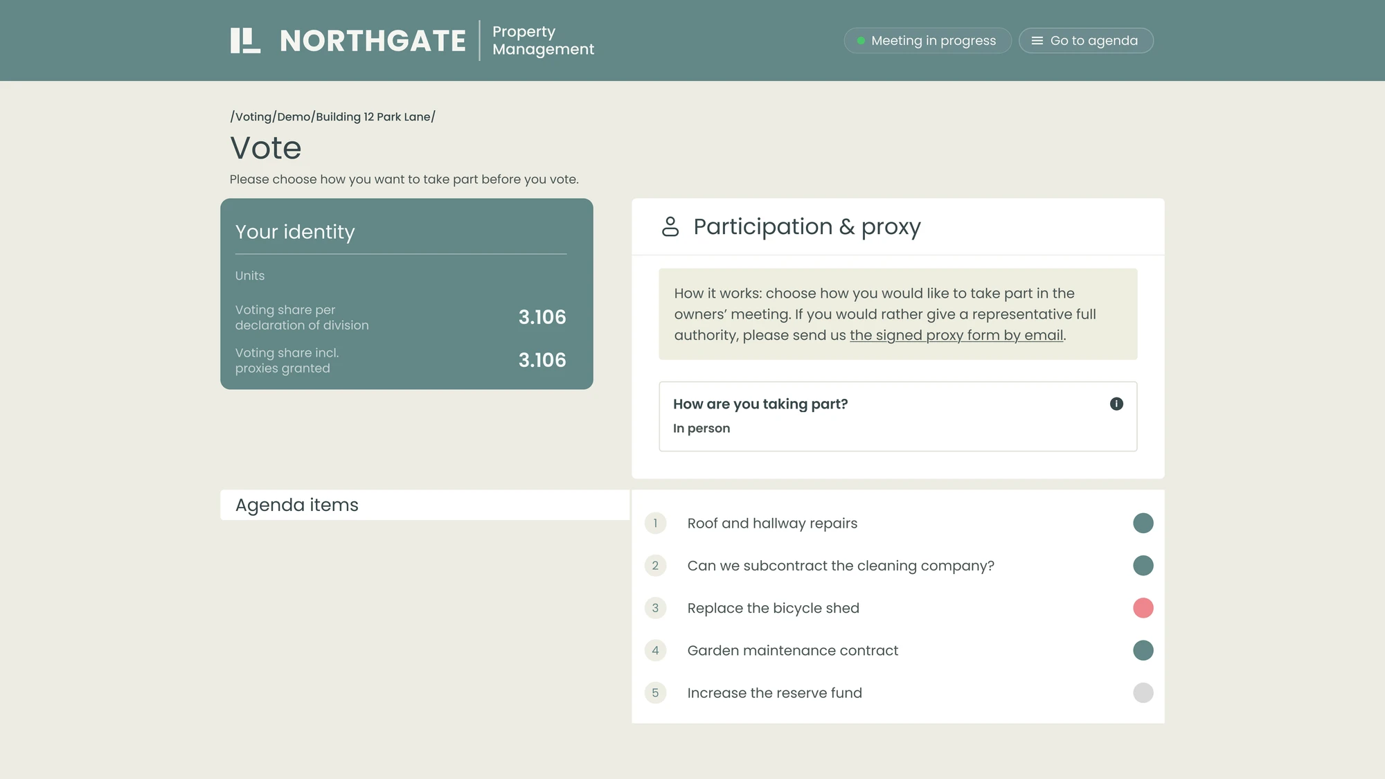 Owners meeting vote screen showing the participant's voting share alongside the agenda items open for decision