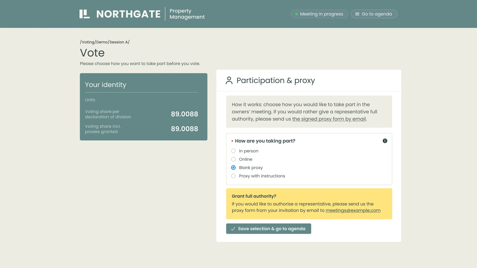 Participant choosing how to take part in a vote: in person, online, blank proxy or proxy with instructions