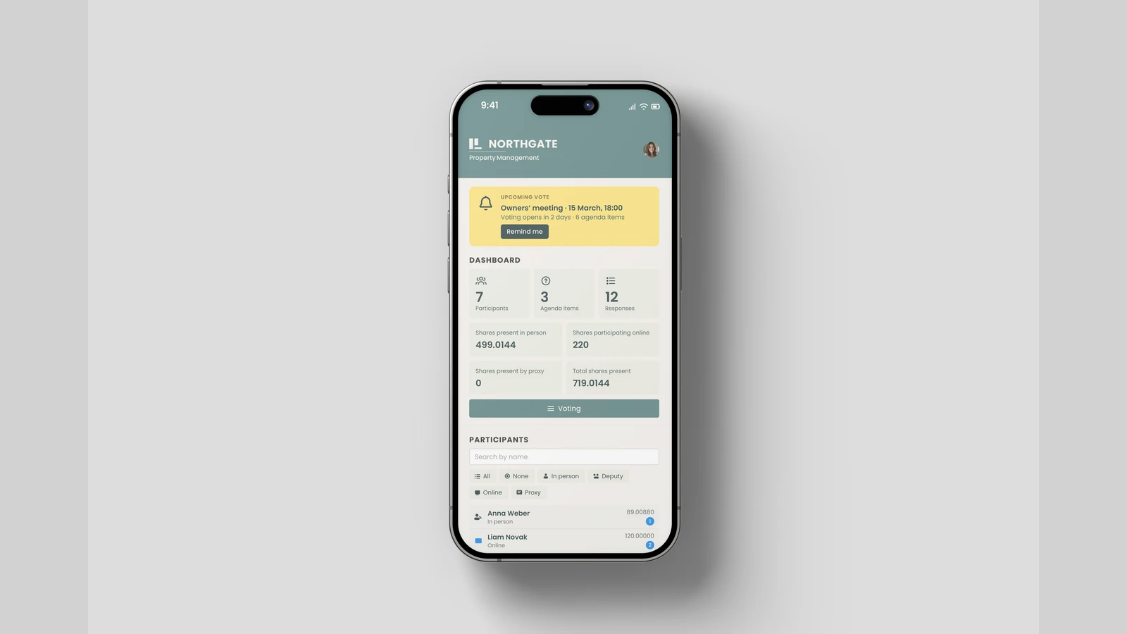Phone showing the mobile dashboard with an upcoming owners meeting reminder and live participation counts