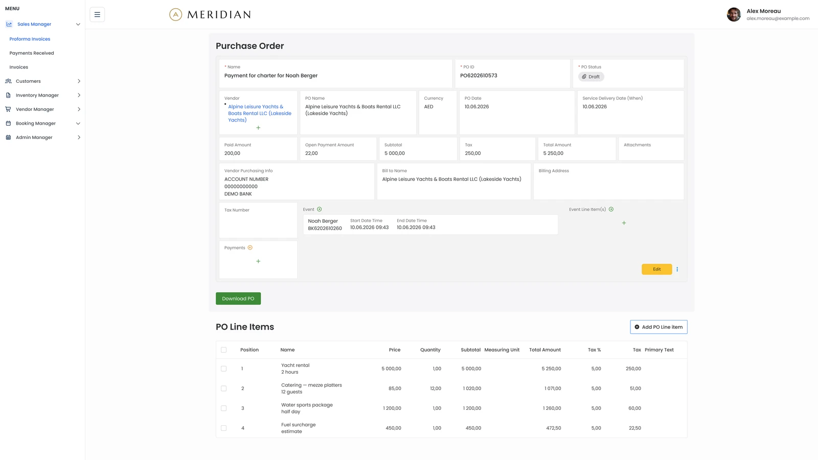 Purchase order to a supplier for one event, with its line items, delivery date and totals