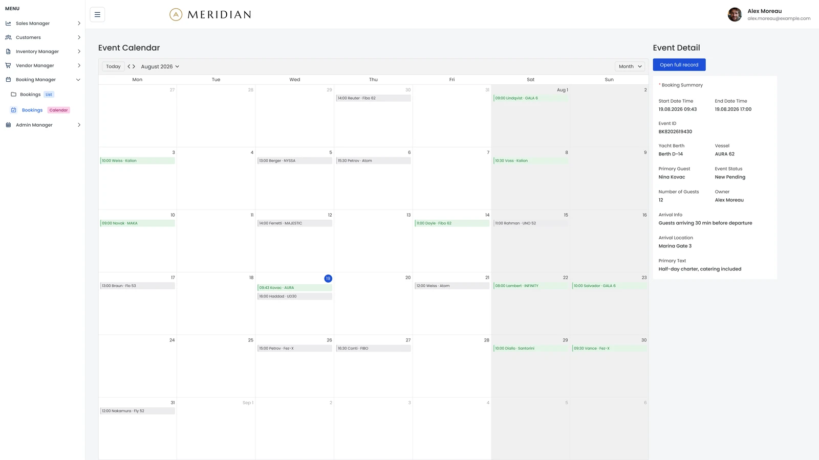 Month calendar of scheduled events with one booking's summary open alongside it