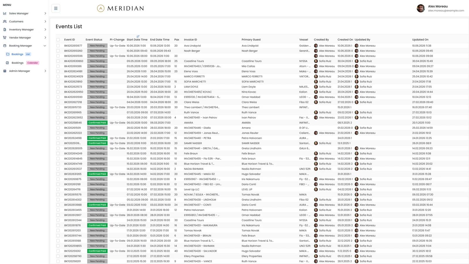 Events list showing every booking with its status, dates, guest count, invoice and primary guest