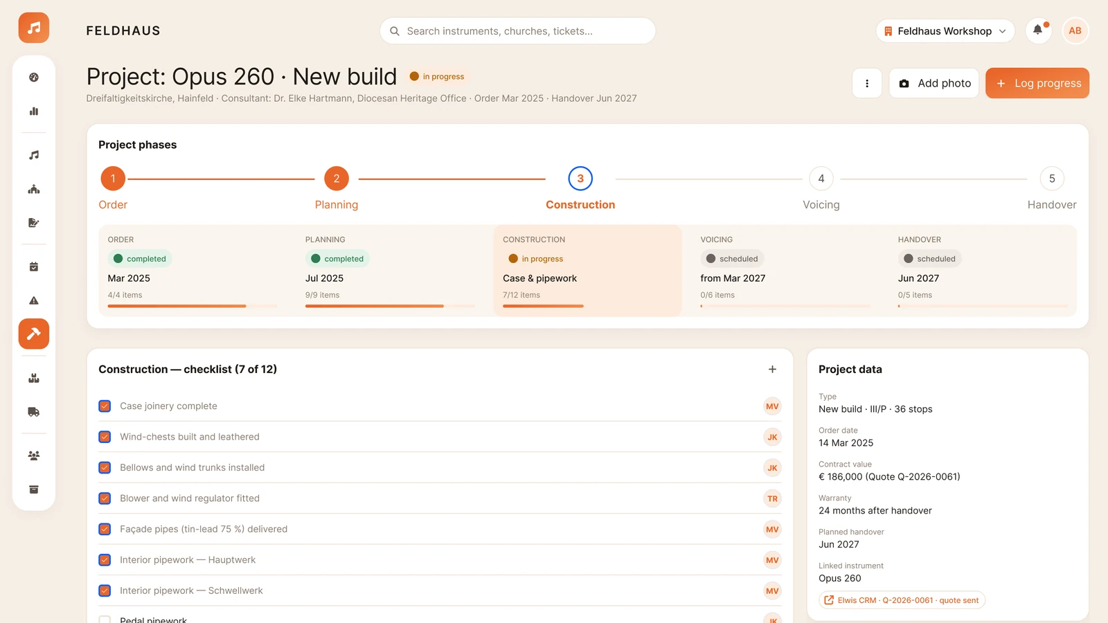 New-build and restoration project tracking screen