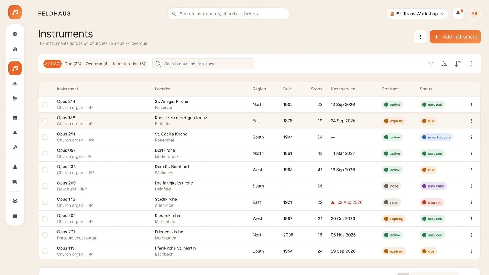 Instrument directory screen in the pipe organ asset management app