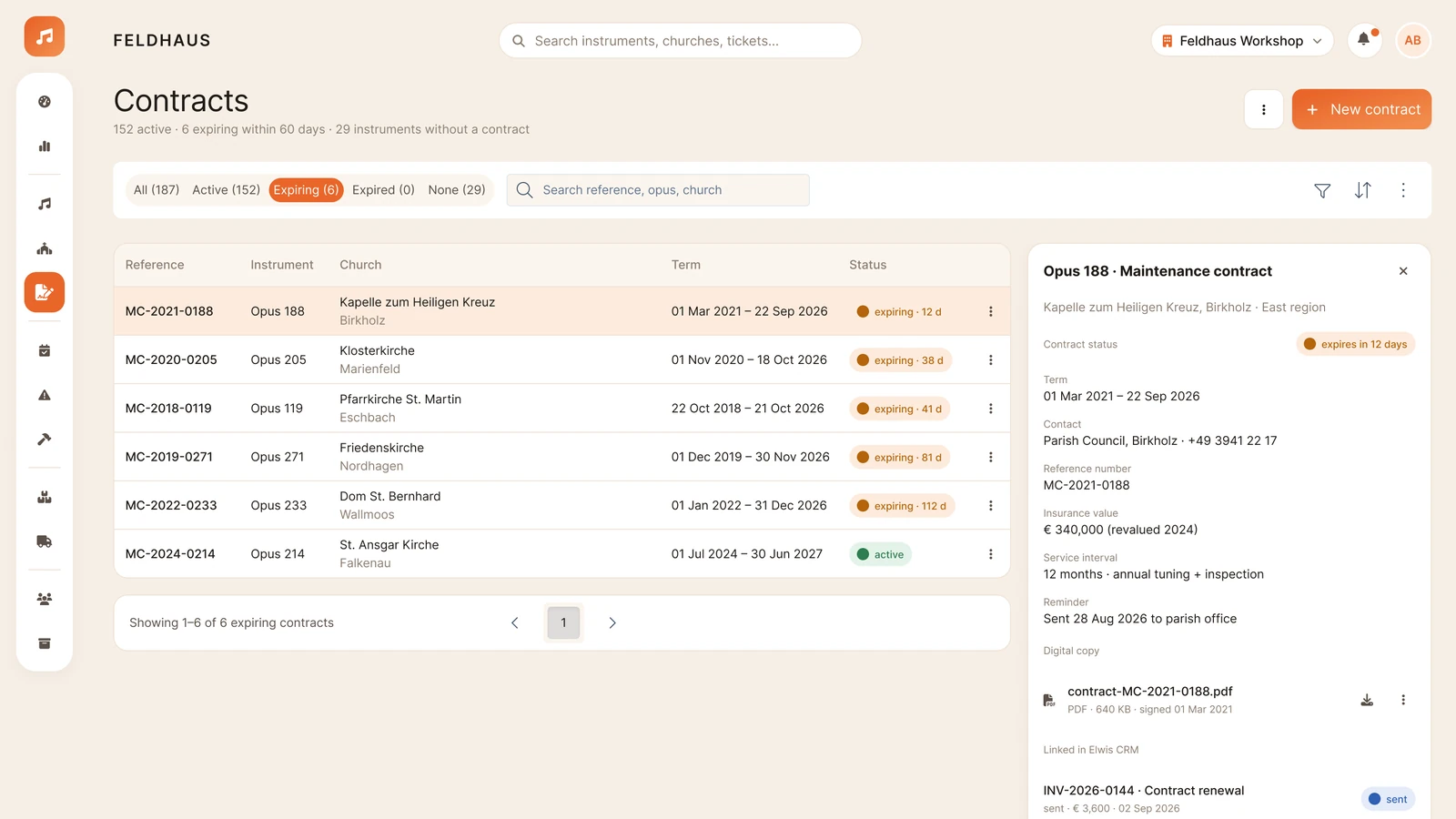 Digital maintenance contract management screen
