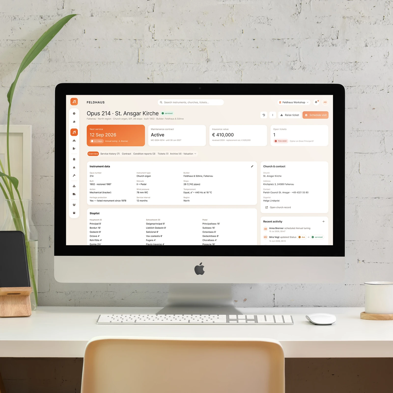Pipe organ asset management app on a desktop monitor