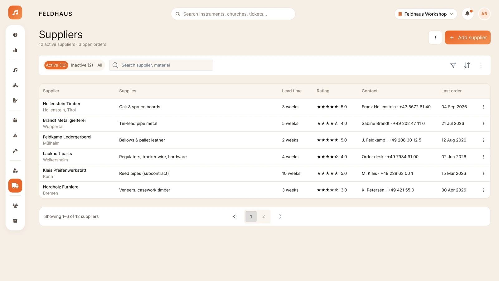 Supplier and material sourcing screen
