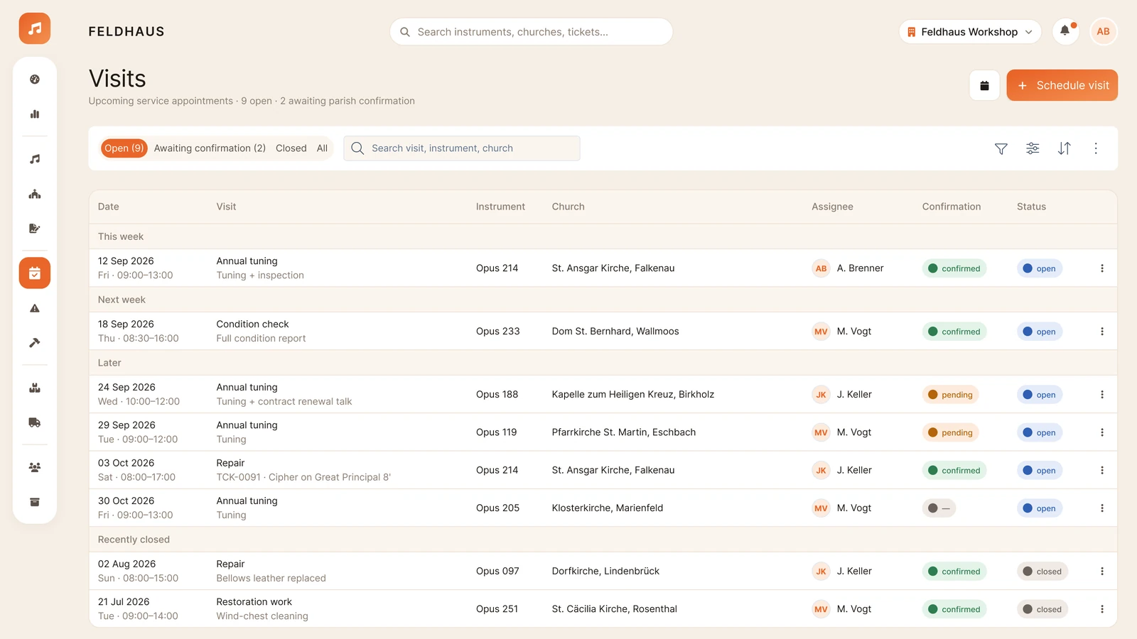 Service visit scheduling screen