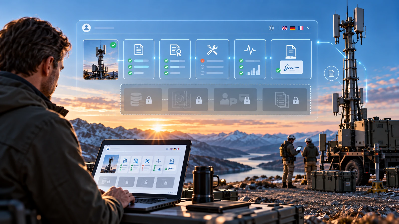 Technician editing an asset inspection protocol on a laptop at a remote mast site