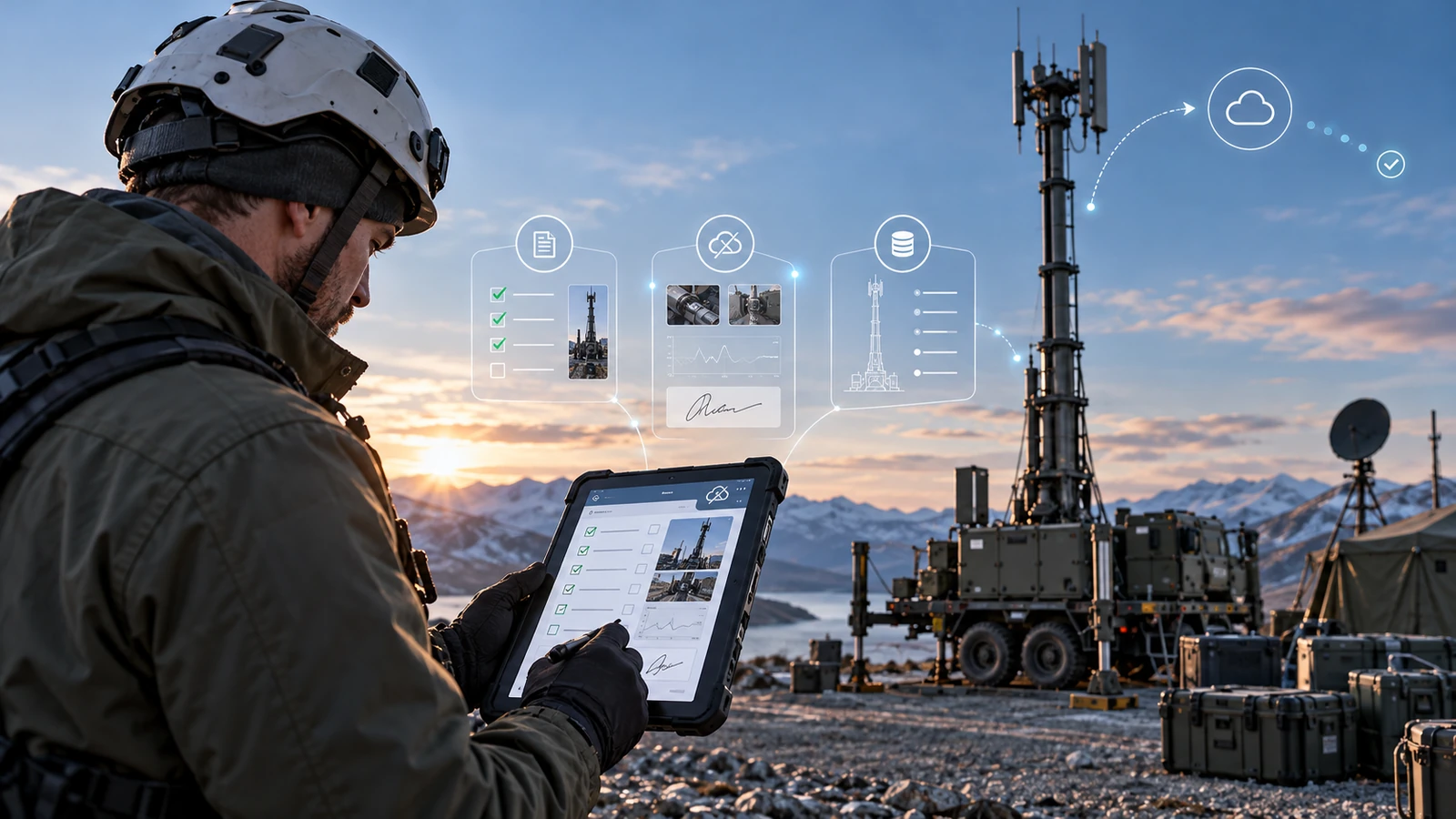 Technician in a helmet signing a protocol on a rugged tablet at a remote site