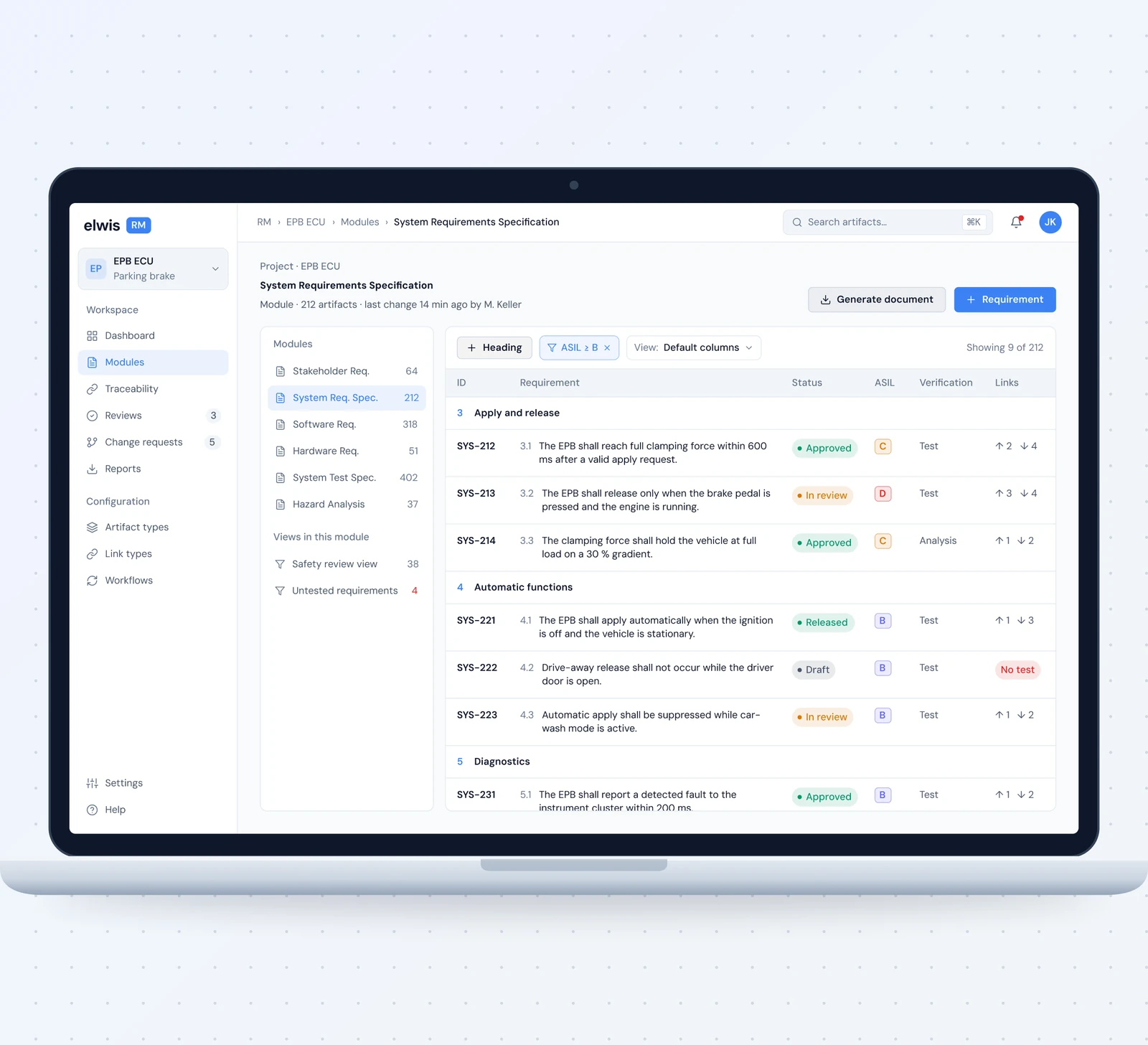 ELWIS Requirements Management module view on a laptop