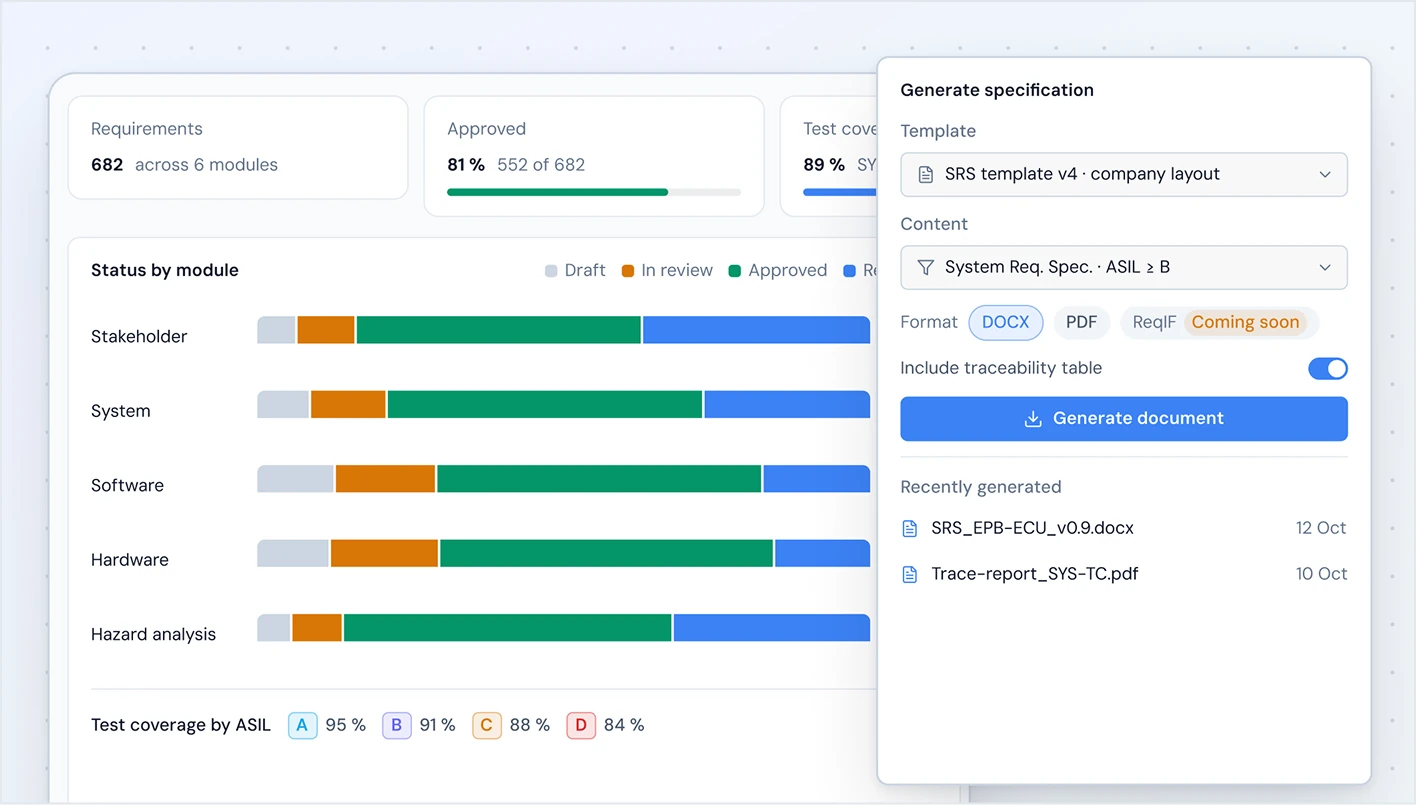 Programme dashboard with status by module and a generated specification panel