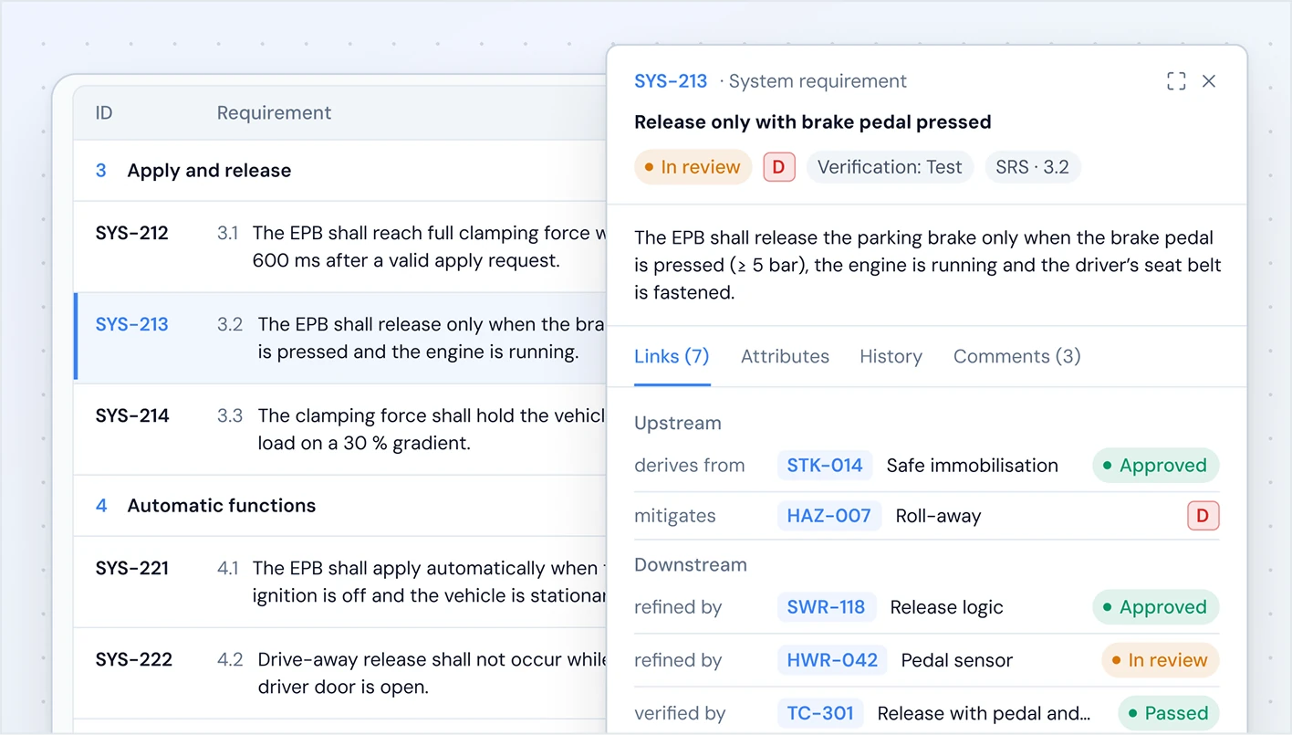 Requirements module with a system requirement open in the detail panel