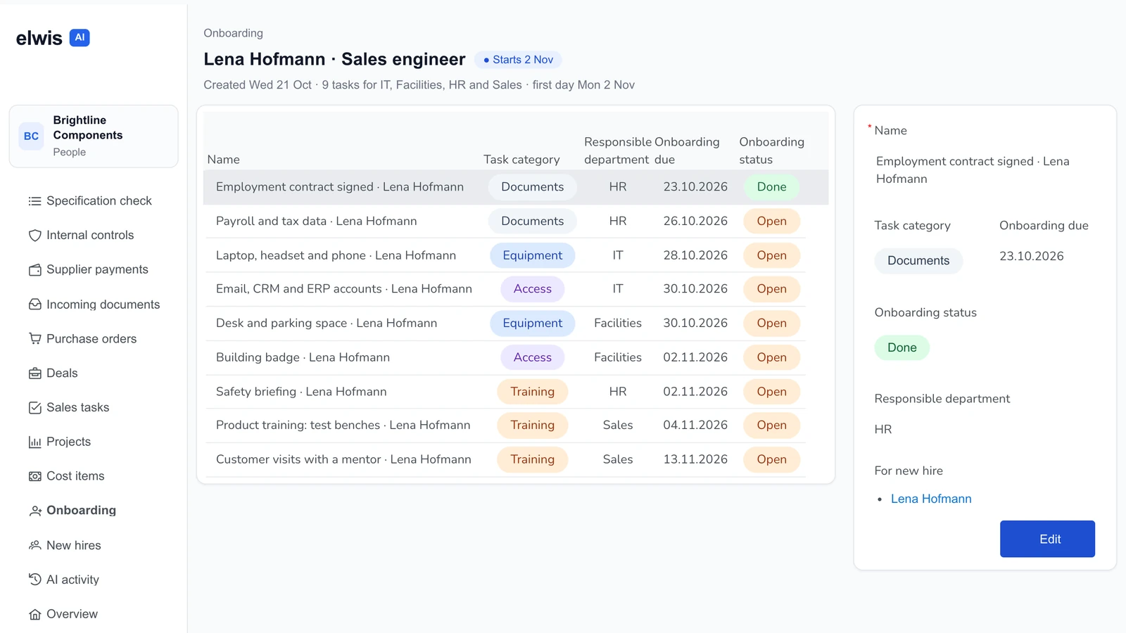 Onboarding record for a new hire with tasks created for HR, IT, facilities and sales