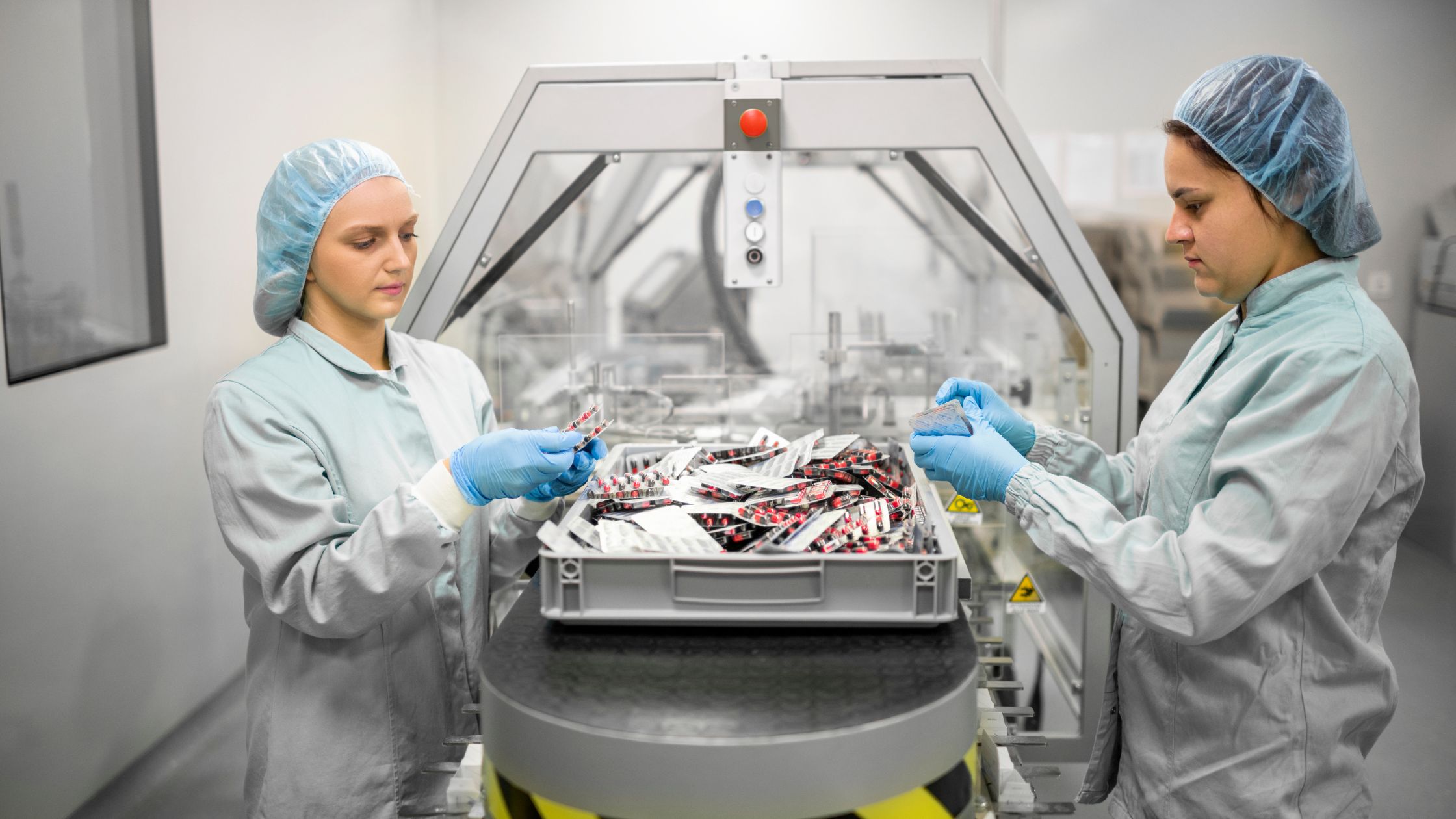 Two female workers in protective gear operating a machine packaging capsules in pharmaceutical production facility.