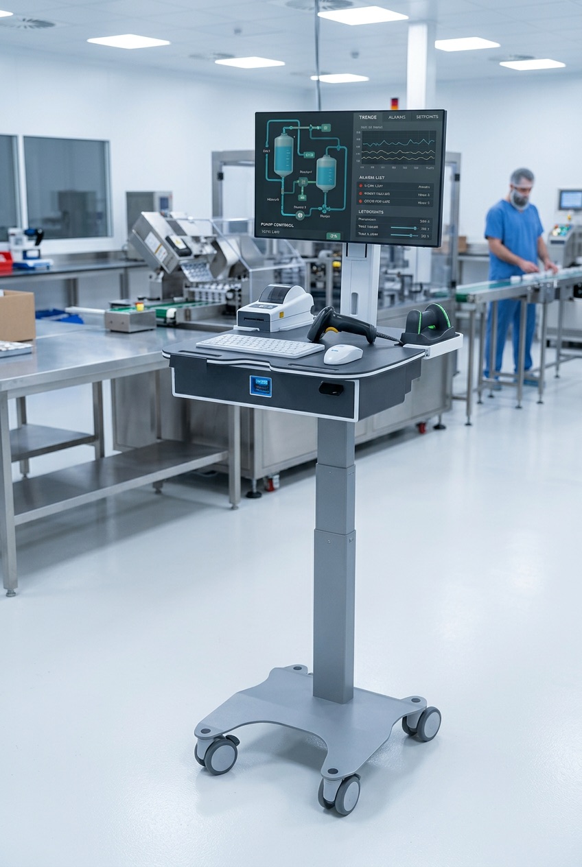 Close up of the id-flow 3 workstation on a pharmaceutical factory floor.