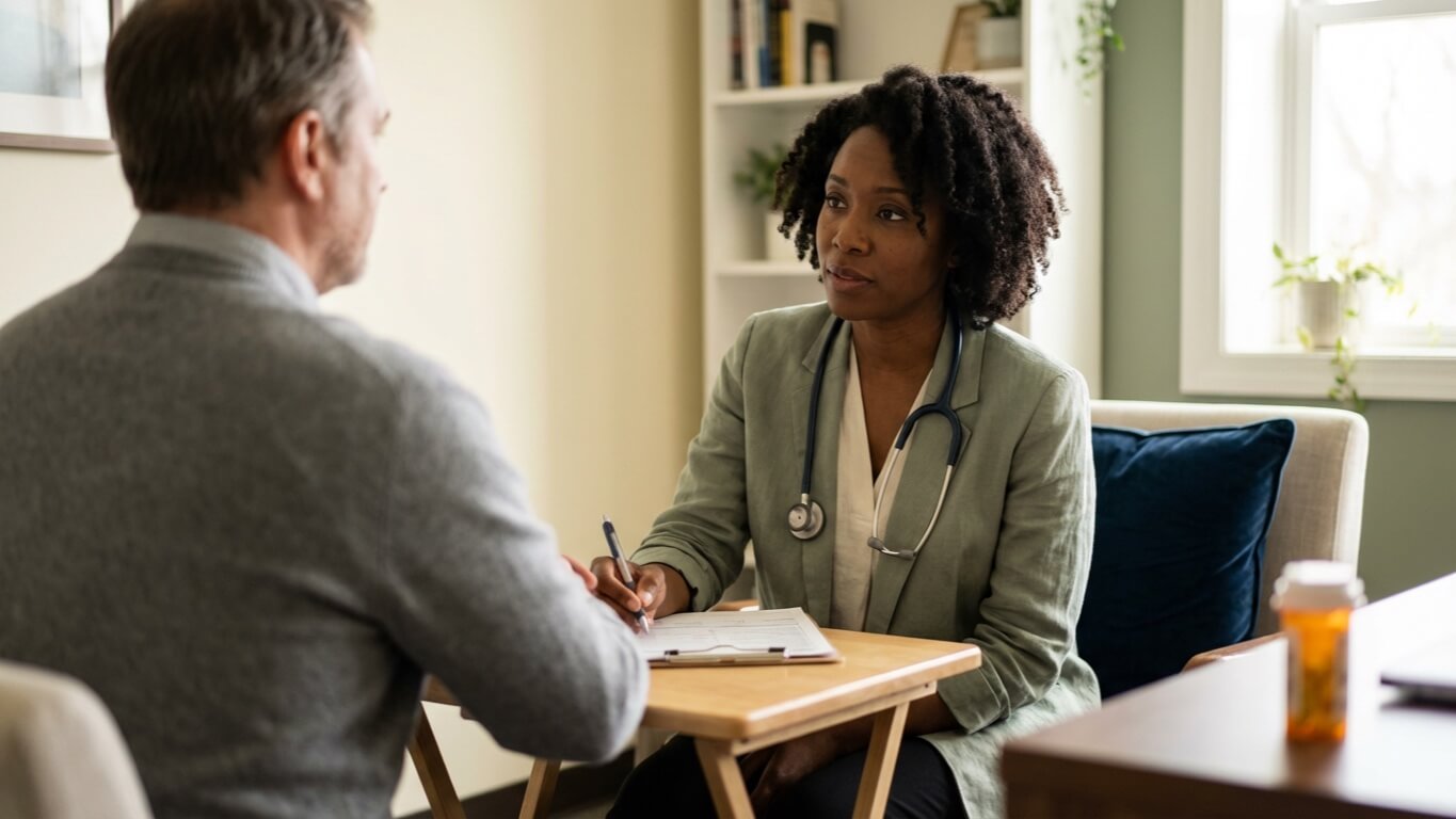 Black female physician in a warm-toned clinic office consulting with a middle-aged male patient about naltrexone medication during a medication-assisted treatment evaluation