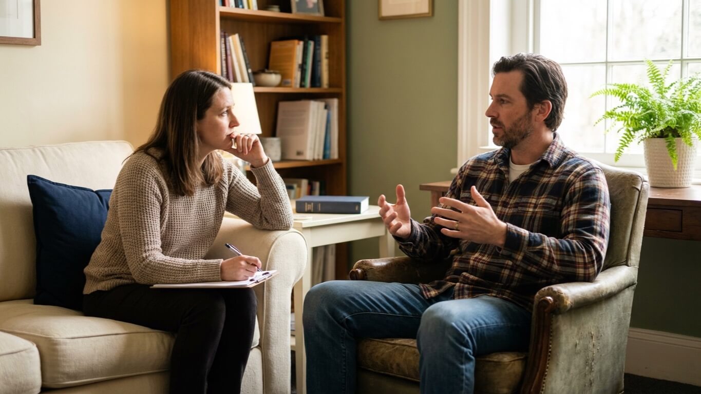 Person in flannel shirt speaking with a clinician during a calm office visit about opioid use disorder treatment