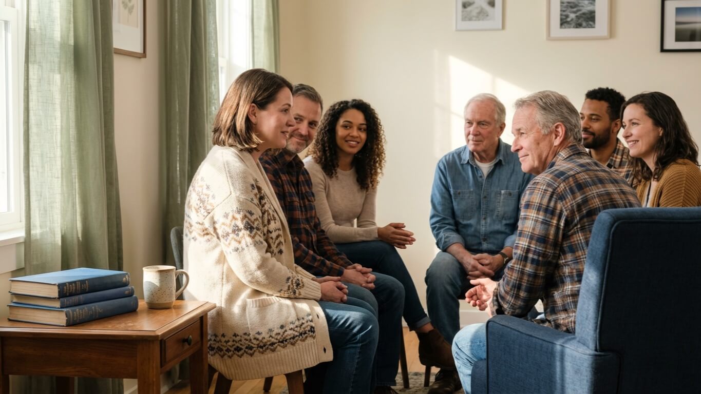 Small peer support group of diverse adults listening to one woman speaking in a warm community room with natural window light