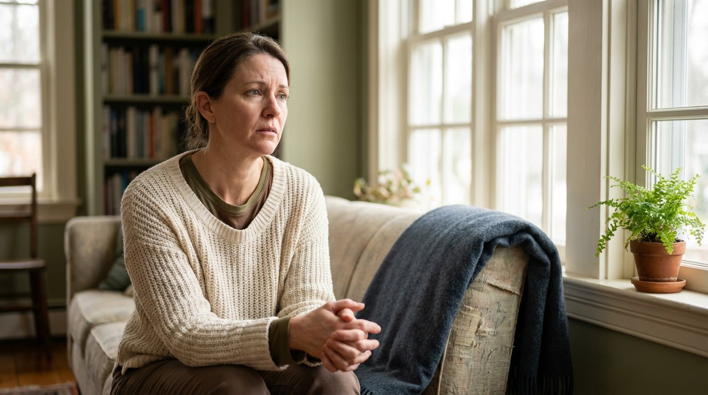 Concerned adult family member in a cream sweater sitting by a sunlit window with a dark-blue throw blanket, reflecting quietly on a loved one's opioid use