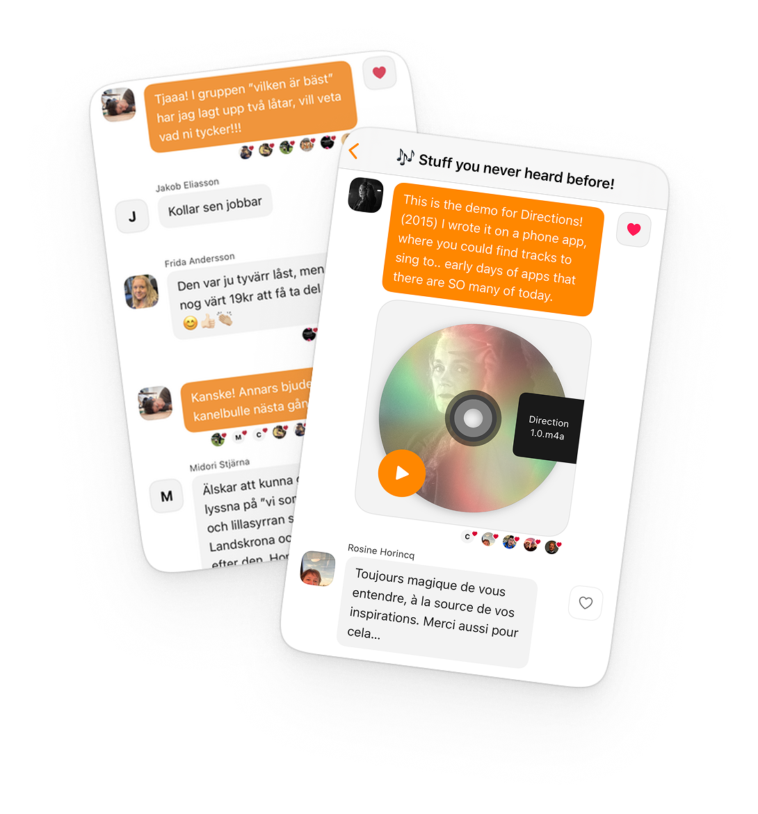 Two overlapping chat interface cards displaying messages in Swedish and French, with one featuring a music player graphic and user comments.