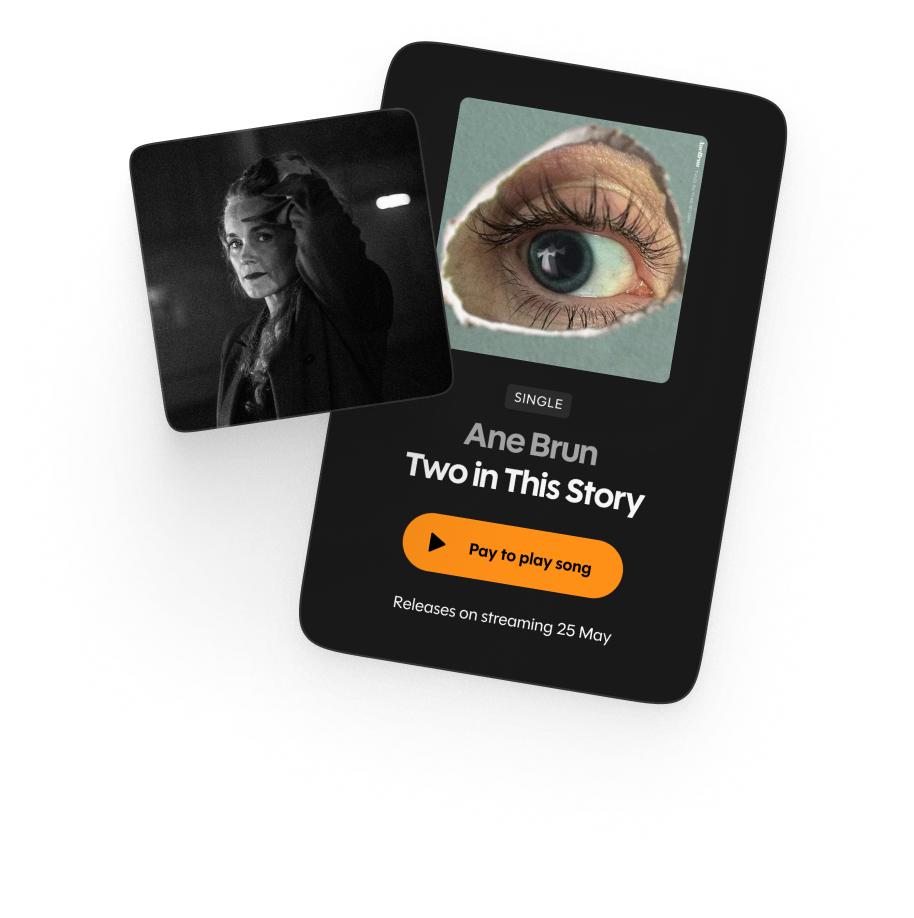 Music card showing an album cover with a close-up of a human eye through torn paper and a black-and-white photo of a woman, promoting Ane Brun's single 'Two in This Story' with a pay-to-play button and a streaming release date of 25 May.