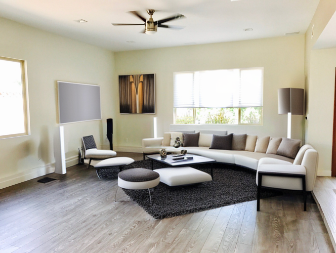 Living room in modern style and white-grey-beige color