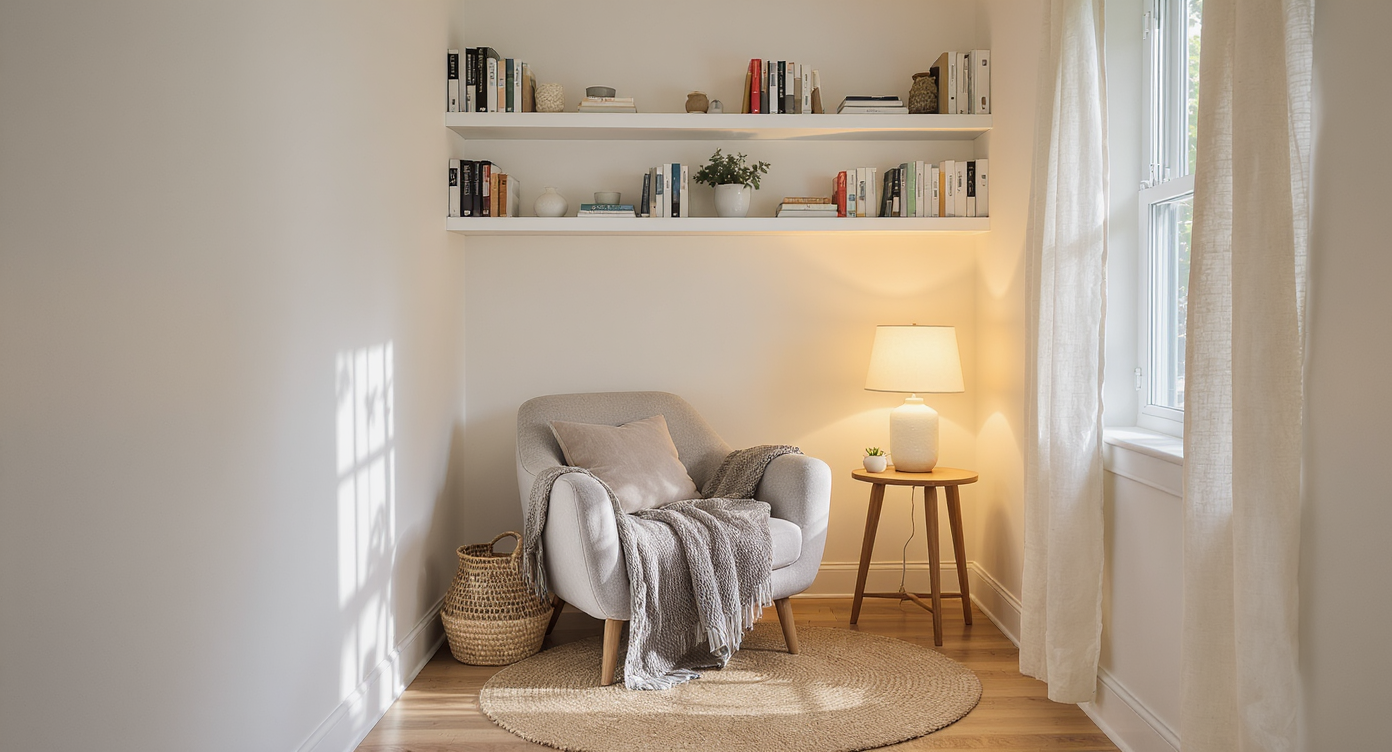 Cozy shallow living room nook featuring white built-in floating shelves stacked with books, a gray armchair, and warm ambient lighting in a bright, intimate space.