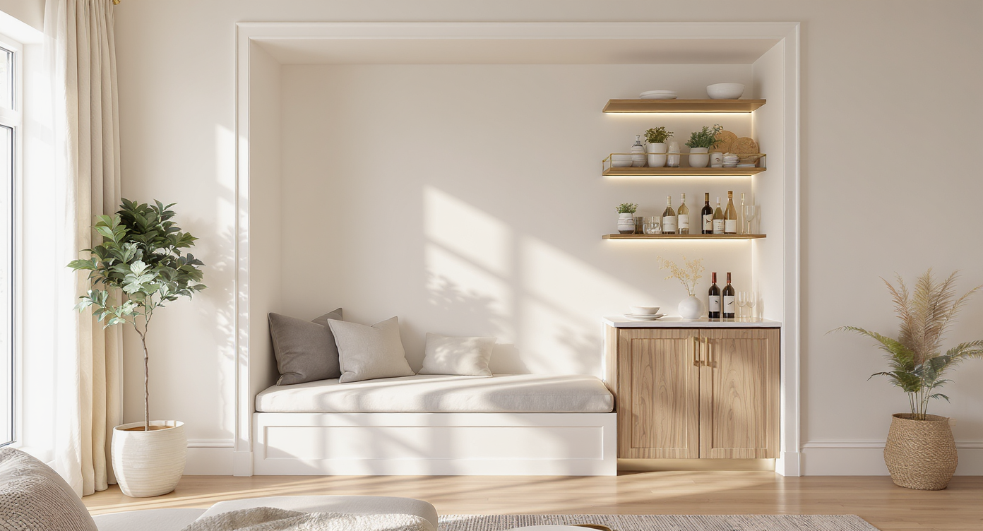 Stylish shallow alcove with a built-in cushioned bench and a compact modern bar area, combining warmth and functionality.
