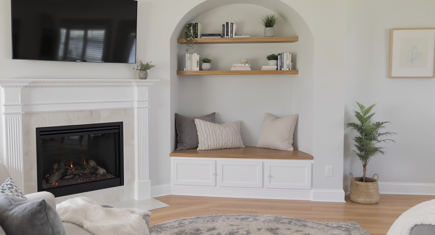 Cozy living room corner showing a bench and shelves in a shallow alcove beside a fireplace with a TV mounted above, in soft natural light