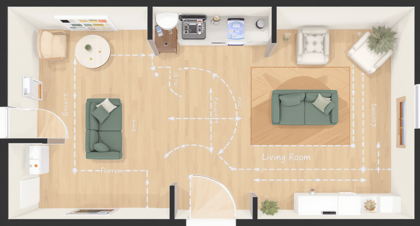 Top-down view of a living room layout illustrating furniture placement, clear pathways, and circulation zones in warm neutral tones.