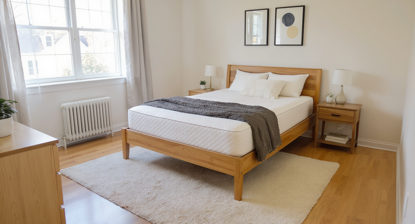 Bright rental bedroom with wooden bed frame, quality mattress, secondhand nightstand, soft area rug, and light curtains.
