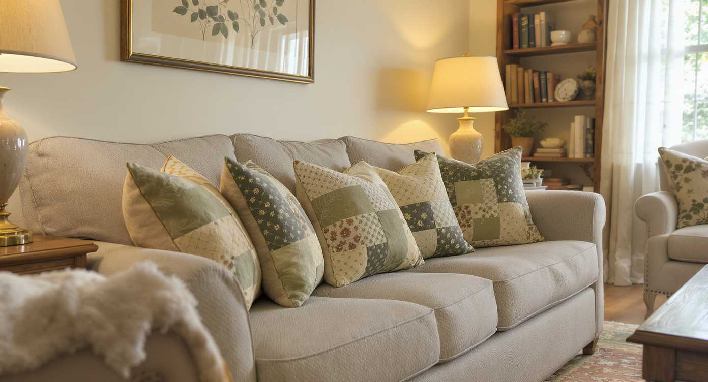 Traditional living room with beige sofa and green-brown patterned throw pillows, soft natural light highlighting textures.