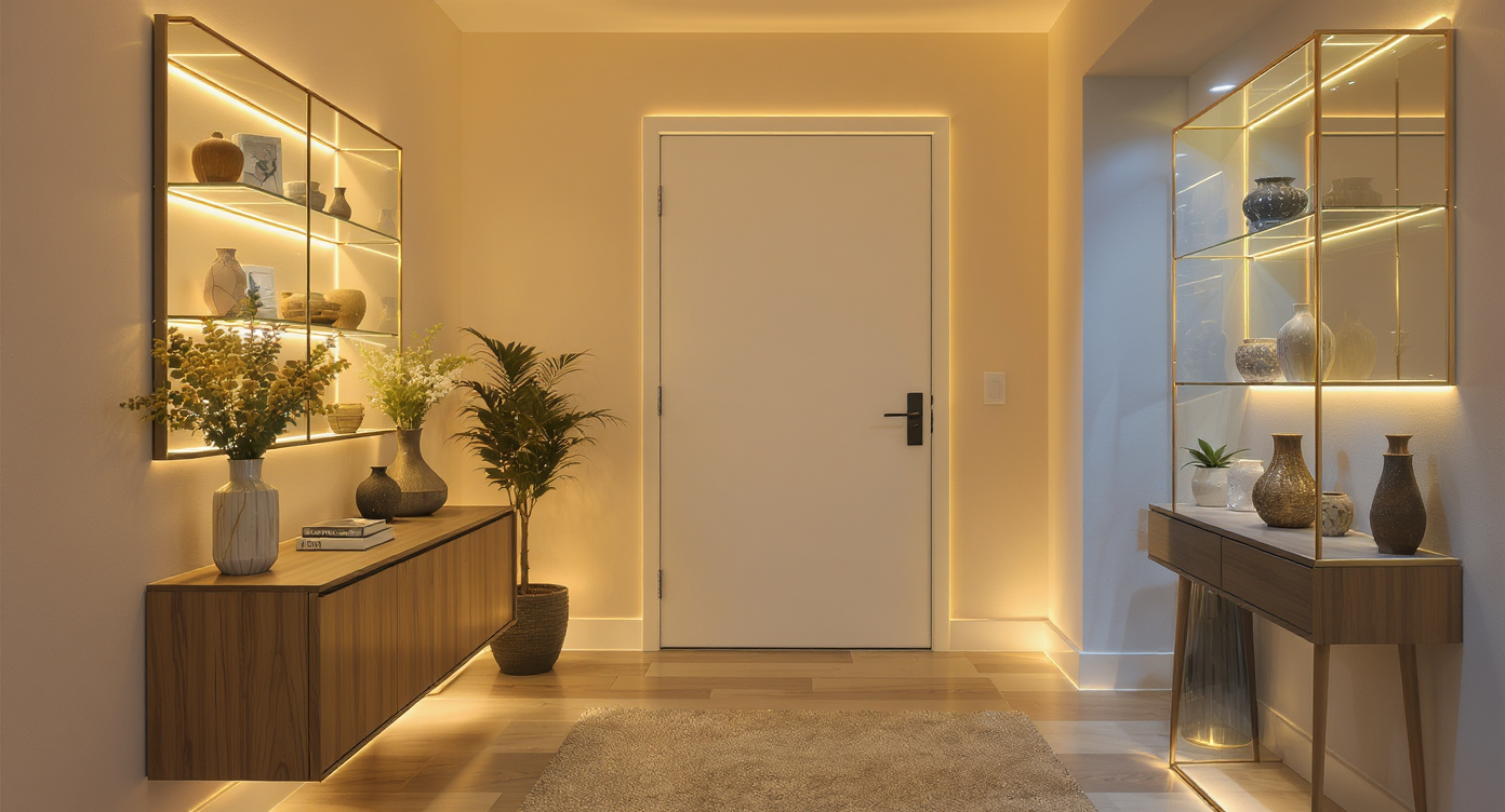 Modern foyer with warm dimmable LED accent lighting illuminating a display case and wooden console in a cozy, inviting setting.