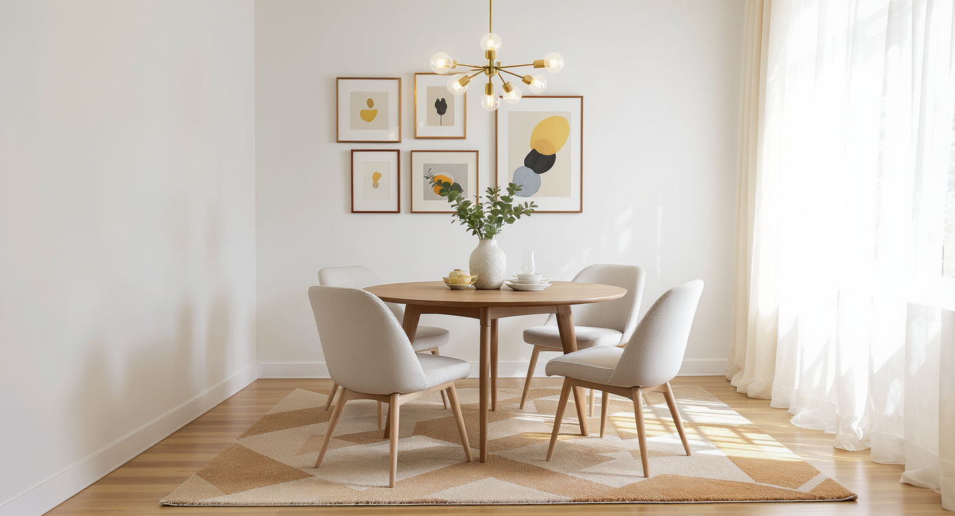 Bright dining nook with a round wooden table on a warm geometric rug, brass chandelier, white walls, and minimalist framed art.