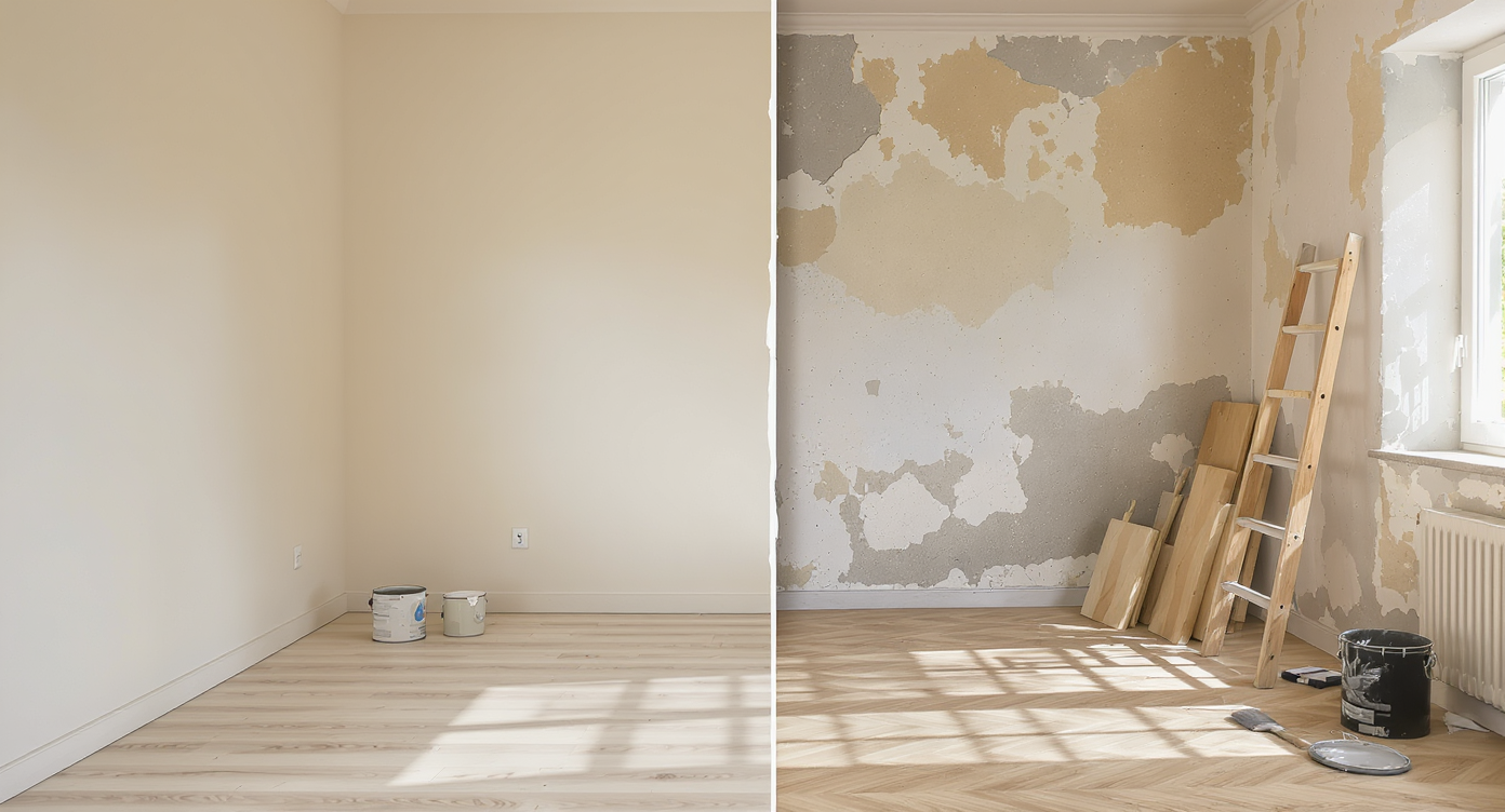 Side-by-side view of a room half freshly renovated with new paint and flooring, half old and worn, with painting tools visible