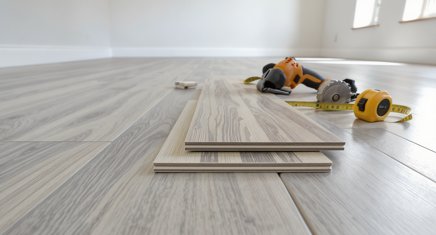 Close-up of laminate flooring planks and tools arranged on a flat subfloor in a well-lit room, ready for DIY installation.