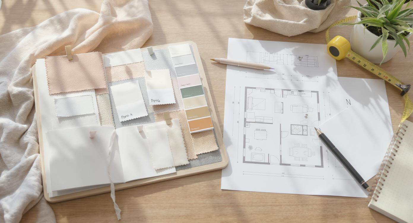 Workspace with mood board, fabric and wallpaper samples, digital floor plan on tablet, measuring tape, and notes on wooden desk under natural light.