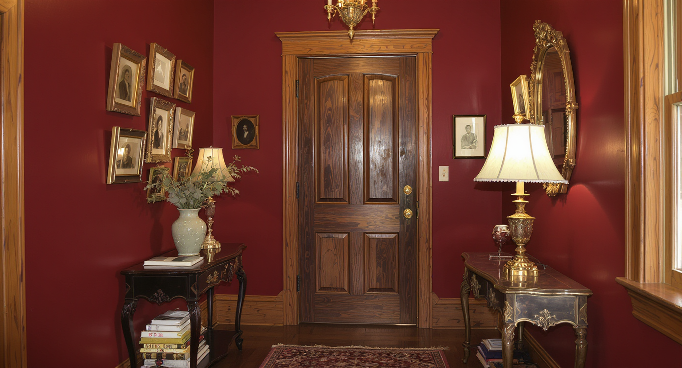 Entryway with burgundy walls, natural oak trim, vintage console table, brass lamp, and portrait gallery creating warm, historic ambiance.