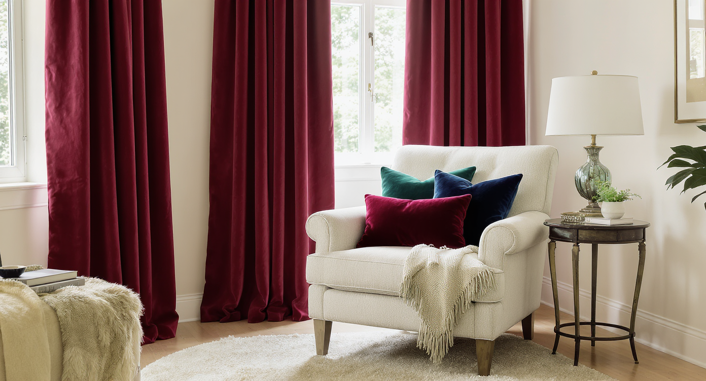 Cozy reading nook with jewel-toned velvet cushions, tall wine-red drapes, antique lamp, and layered textiles in a warm, inviting corner.