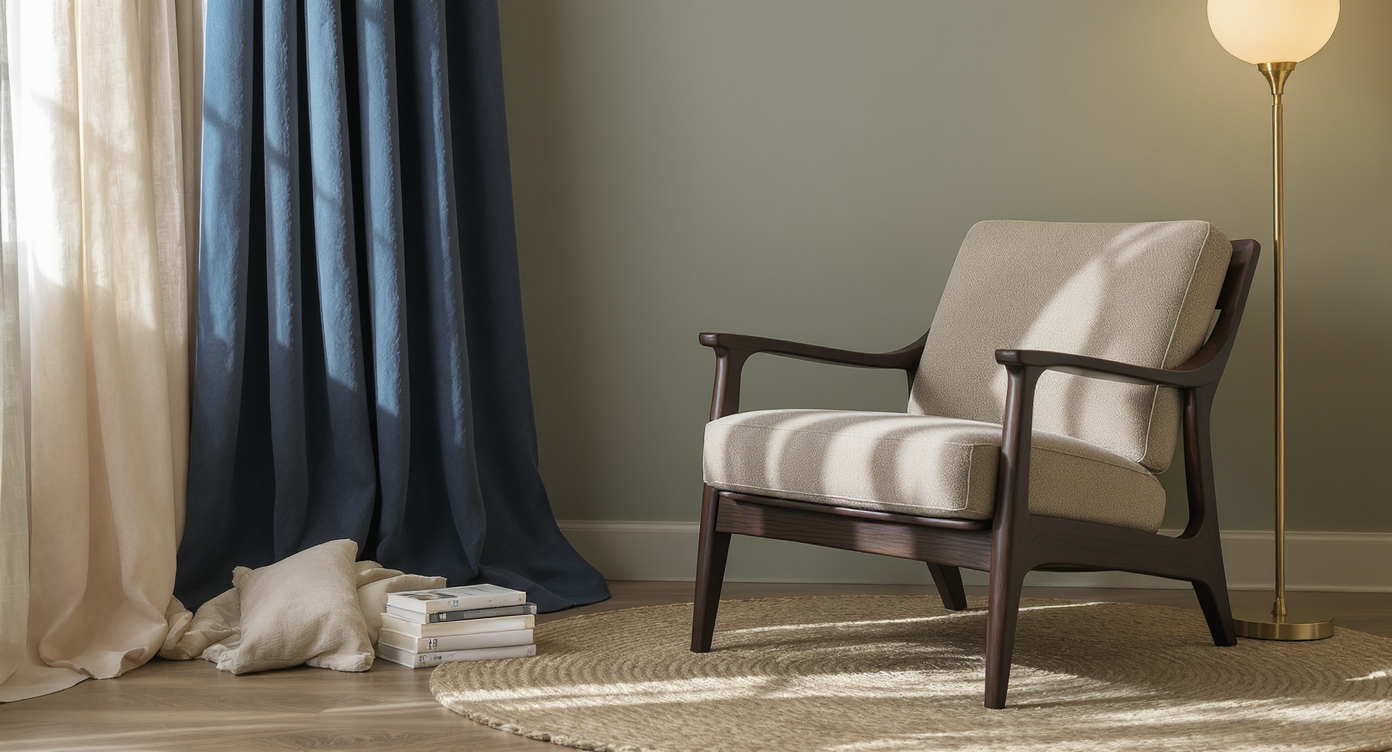Cozy reading nook with layered beige and blue curtains, sculptural dark wood chair, taupe upholstery, and warm brass lamp.