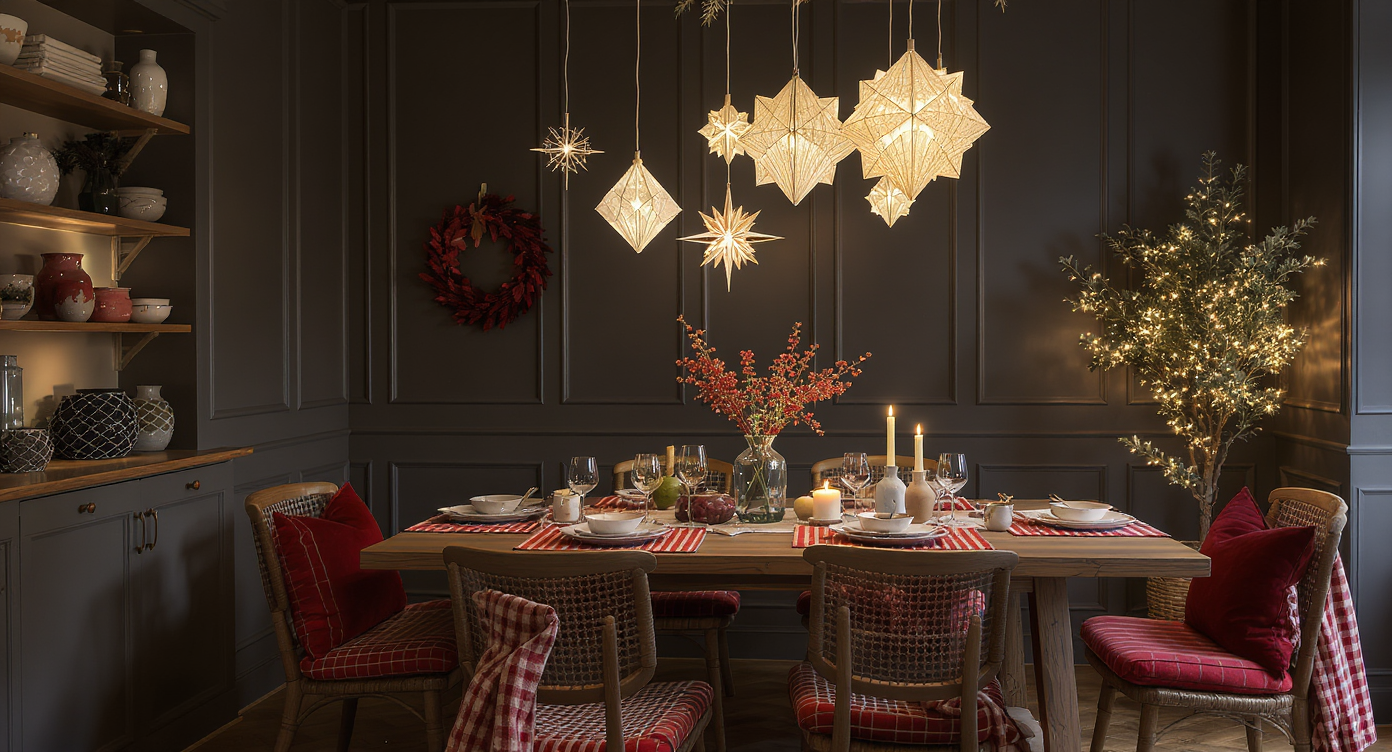 Cozy dark-gray paneled dining room dressed in red-and-green checks with glowing paper stars overhead