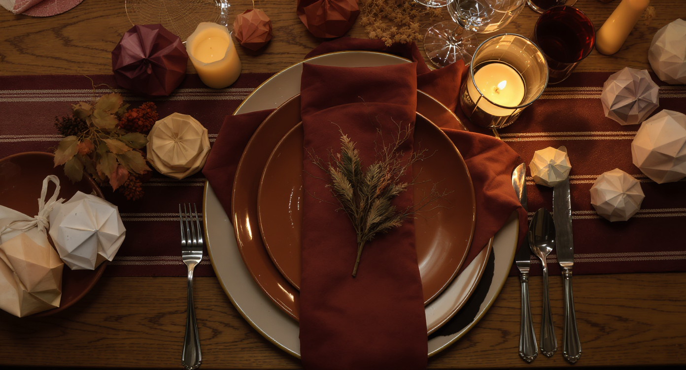 Holiday table setting with deep brown and burgundy striped runner, chrome tea light holder, origami ornaments, and dried foliage bouquet