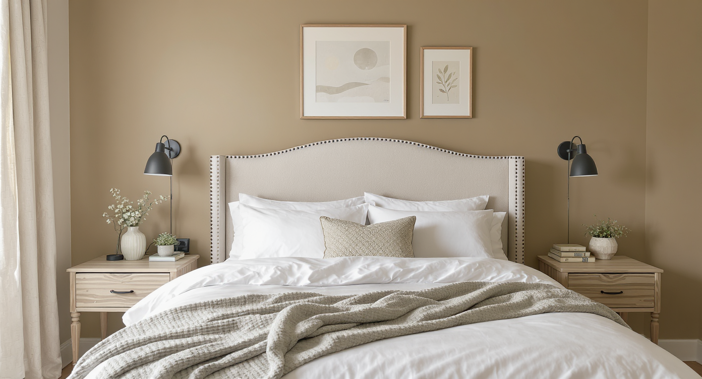Cozy corner with Universal Khaki walls, oak side table, canvas textile, leather books, stone vase, and white trim conveying warmth and craft.